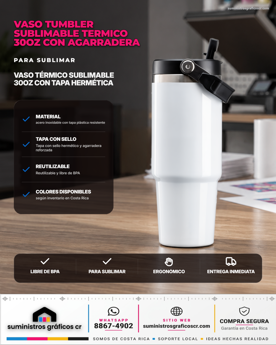 Vaso Tumbler Sublimable Termico 30oz con Agarradera