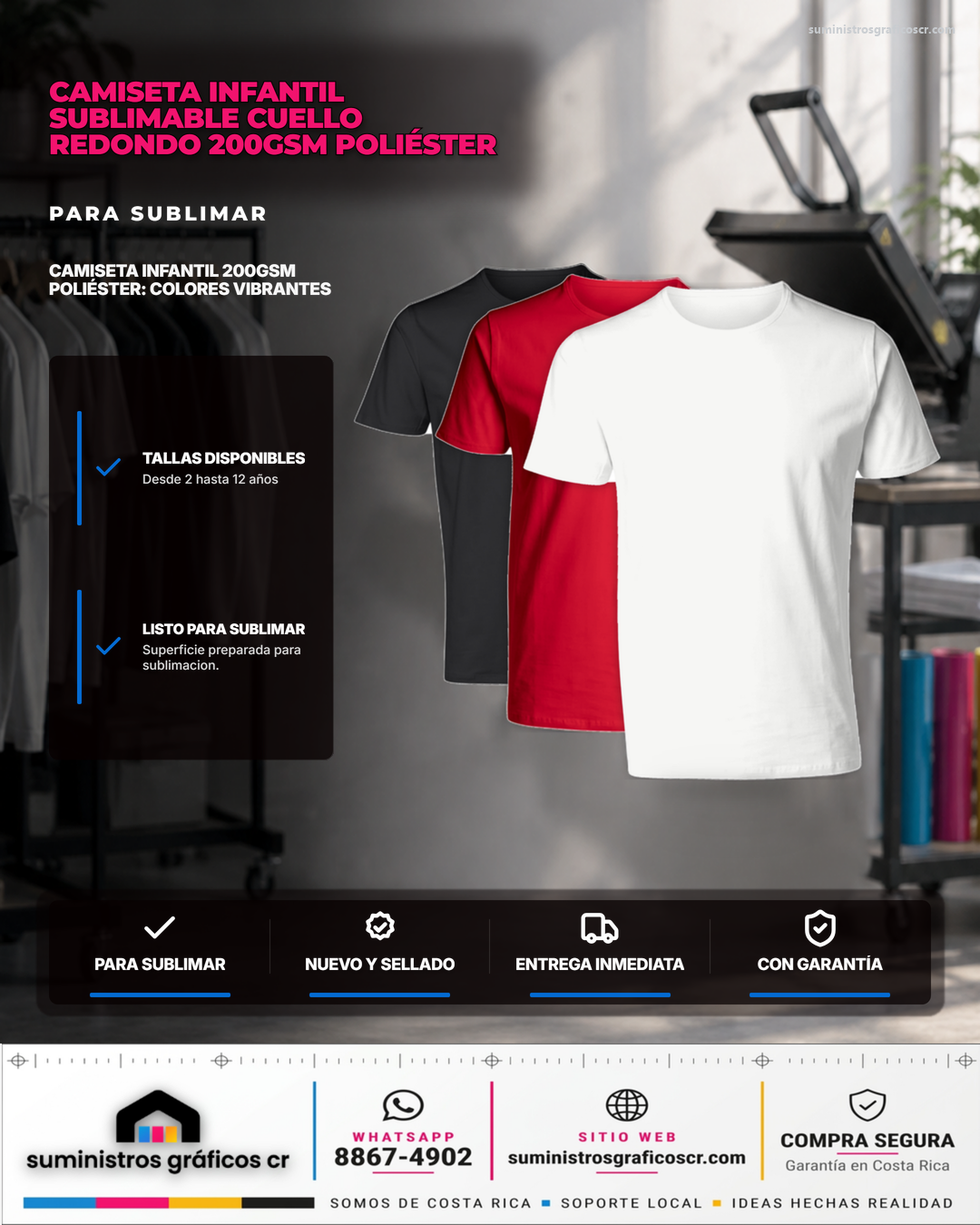 Camiseta Infantil Sublimable Cuello Redondo 200gsm Poliéster