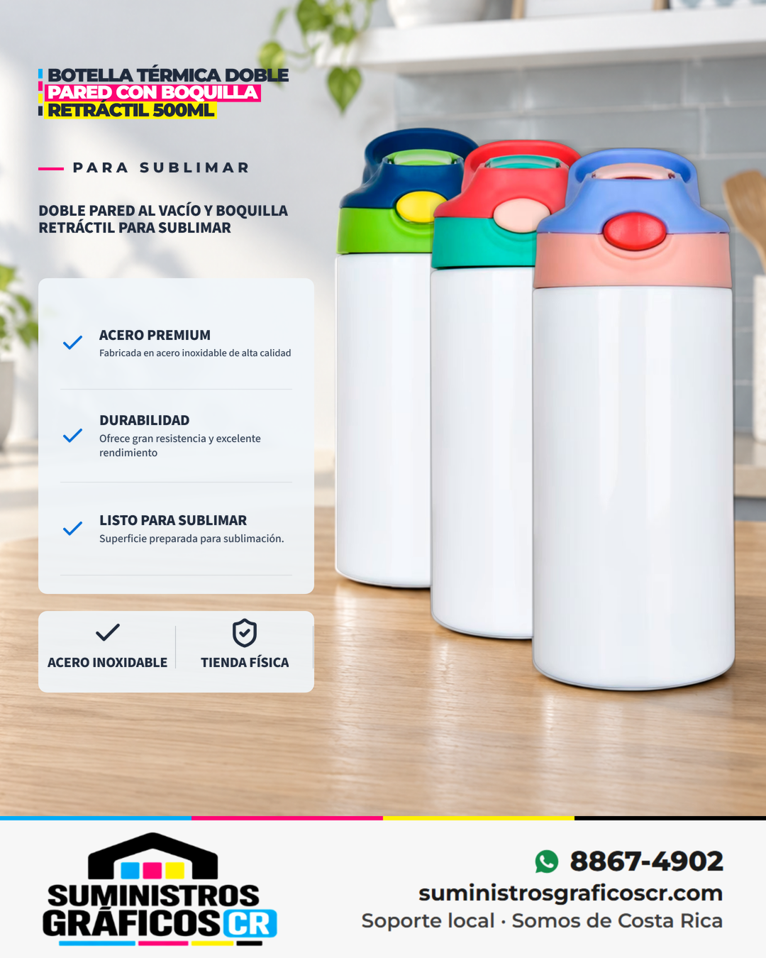 Botella Térmica Doble Pared con Boquilla Retráctil 500ml para Sublimar Botella Térmica Doble Pared con Boquilla Retráctil 500ml para Sublimar